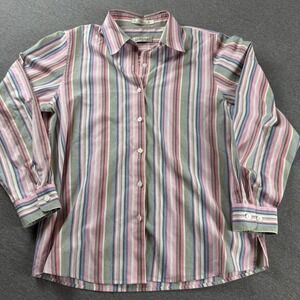 Orvis Womens Sz 10 Striped Button Down Shirt Pink Green Blue Long Sleeve Cotton